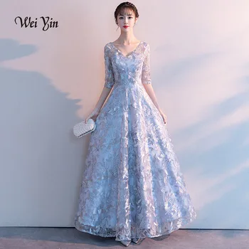 

weiyin Gray Evening Dresses Long 2020 New Elegant V-neck Lace A-line Lace Appliques Half Sleeves Wedding Guest Gowns WY1420