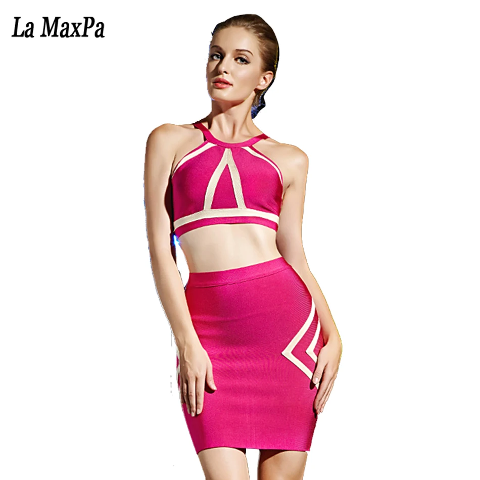 

Two2 Piece Set Sexy Womens Dress 2017 High quality red sky blue beige mesh patchwork halter sleeveless Bodycon Bandage Dresses