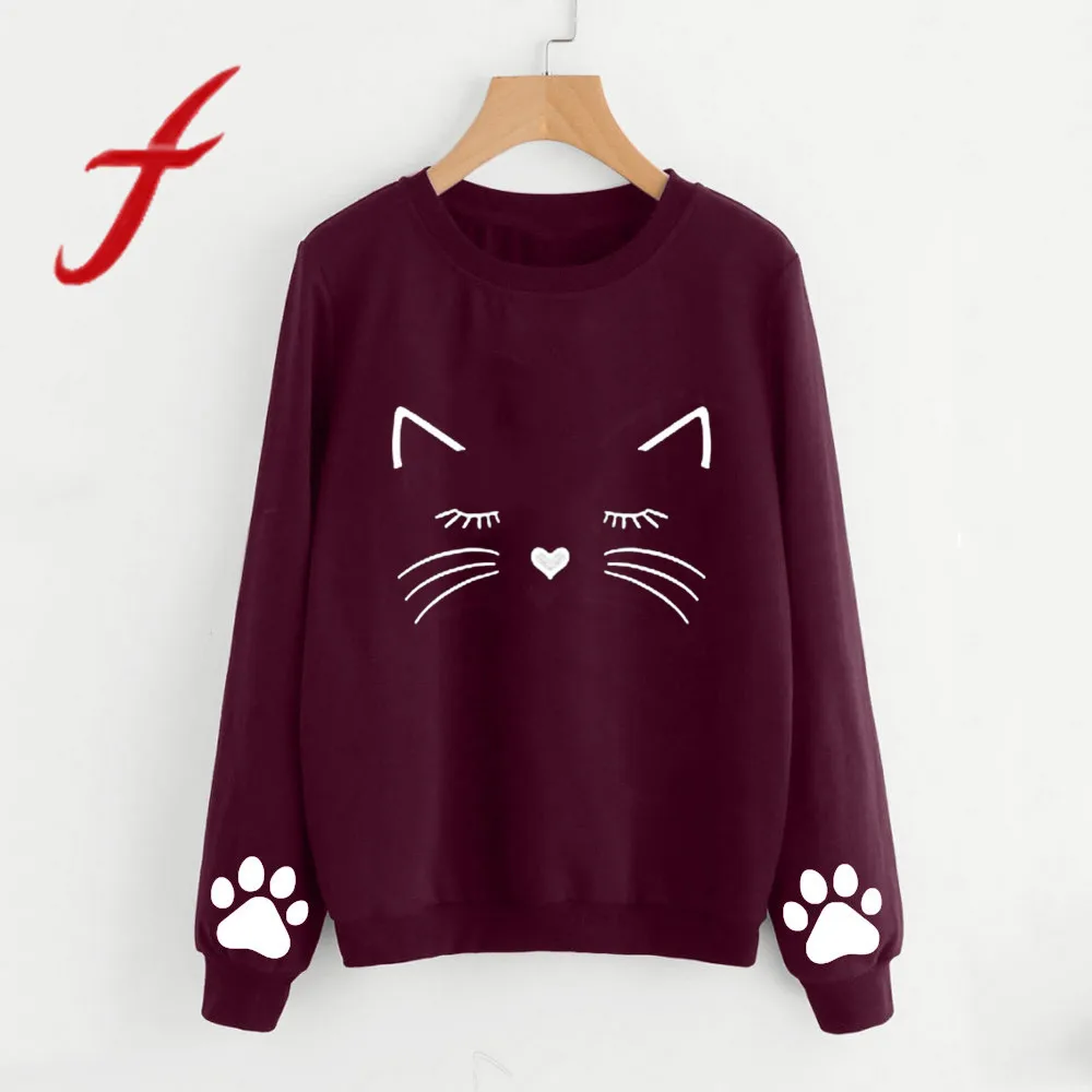 

Feitong Lovely Women Autumn Sweatshirts Causal Cat Print Round Neck Long Sleeve Regular Sweatshirt Pullover sudaderas mujer New