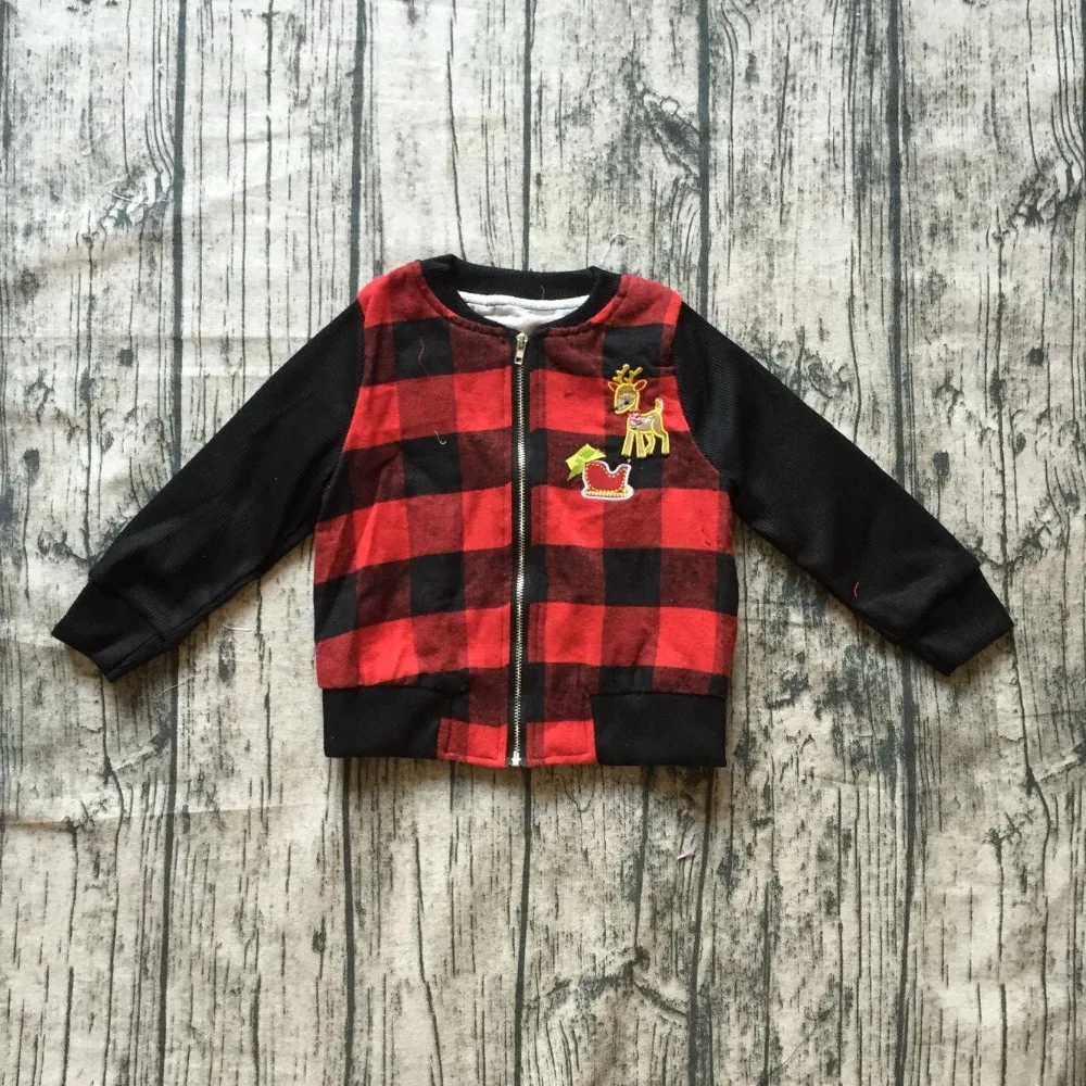 

new Christmas Fall/winter baby boys girls children clothes cotton reindeer jacket coat black red plaid boutique outfits zipper