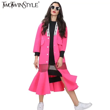 

[TWOTWINSTYLE] Streetwear Long Trench Coat For Women Windbreaker 2020 Autumn New V-neck Fishtail Hem See-through Grid Fashion