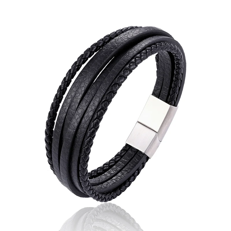 MINIMALISM Wholesale men's stainless steel multi layer woven leather ...