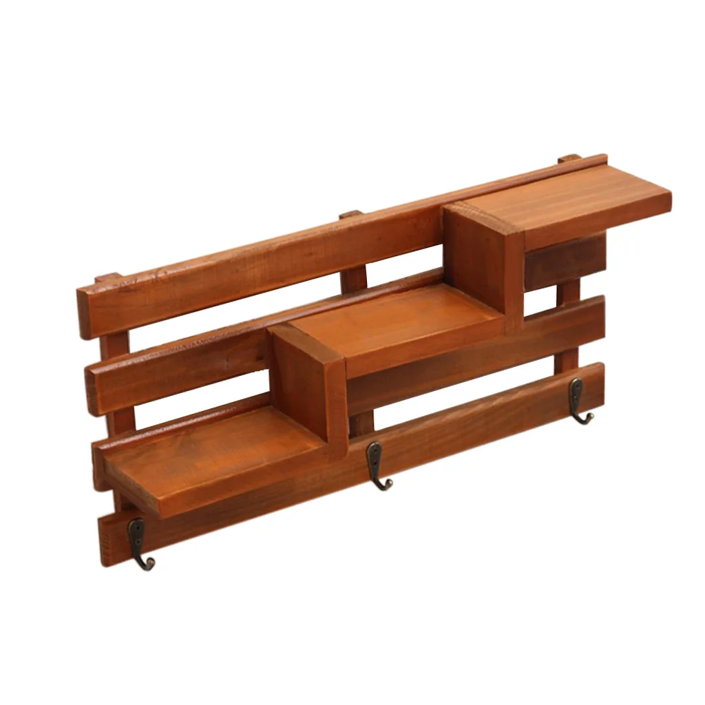 Baoblaze Wooden 3-tier Stair Shelves Organizer Books Collections Display Shelf Storage Rack with Key Hooks, Wall Mounted