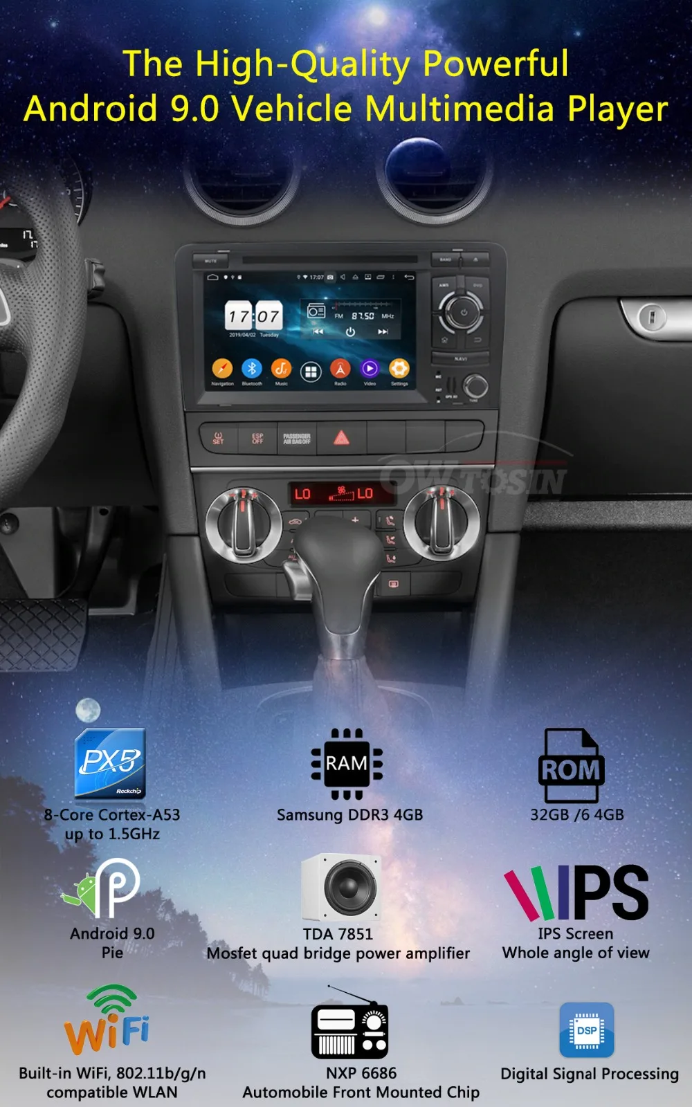 Excellent 7" IPS 8 Core 4G+64G Android 9.0 Car DVD Radio Multimedia GPS Navi For Audi A3 S3 RS3 2003-2013 DSP CarPlay Parrot BT Stereo 1