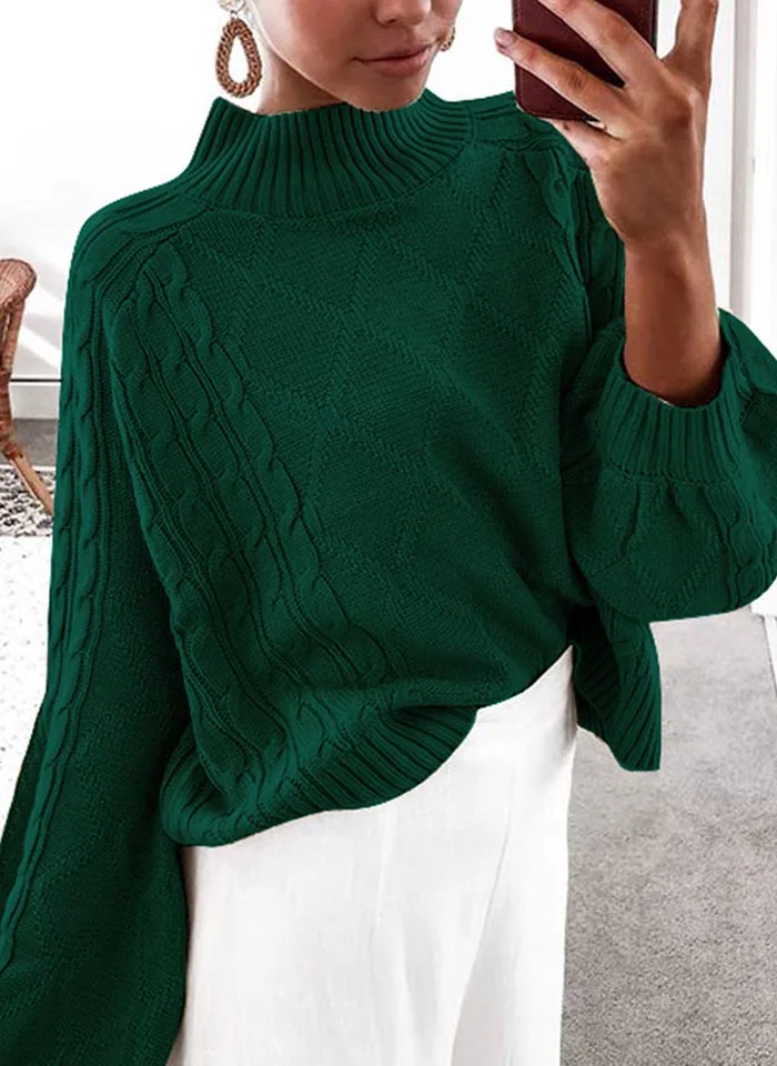 Yinlinhe, свободный свитер цвета хаки с высоким воротом, женский зимний вязаный джемпер с длинным рукавом, женские модные геометрические повседневные Пуловеры 1186 - Цвет: green