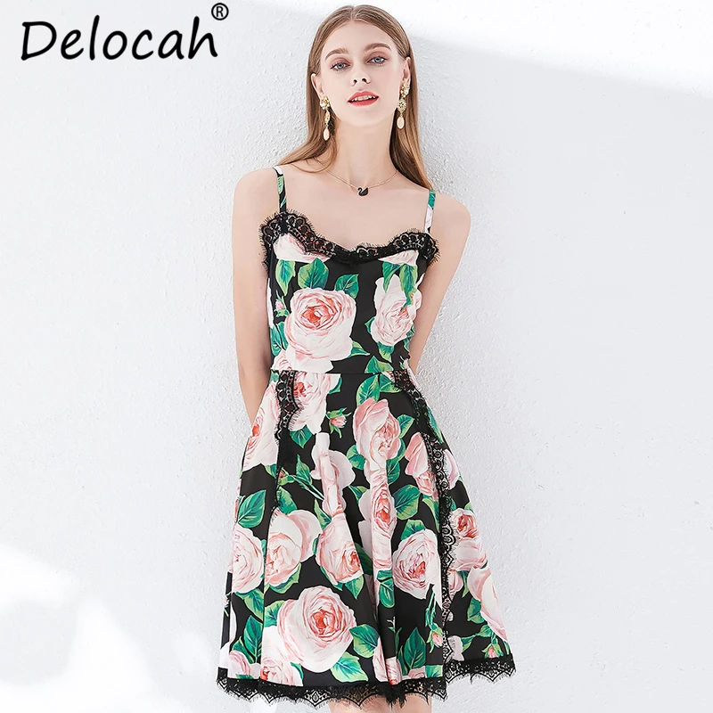 

Delocah Women Summer Spaghetti Strap Dress Runway Fashion Designer Sexy Backless Lace Floral Print Elegant Casual Holiday Dress