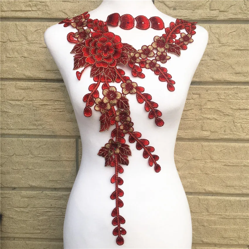 Large Red Flower Lace Embroidery Venise Neckline Motif Collar Patches Applique