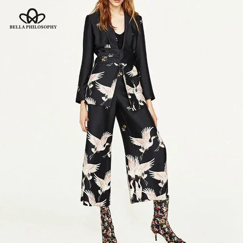 Wonder 2018 new casual women spring summer birds print kimono style long sleeve coat set wide leg  suits