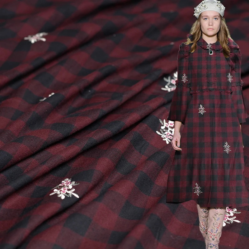 

Pearlsilk Red Black Plaid Embroider Flower Cotton Linen Garment Materials Spring Dress DIY clothes fabrics Freeshipping