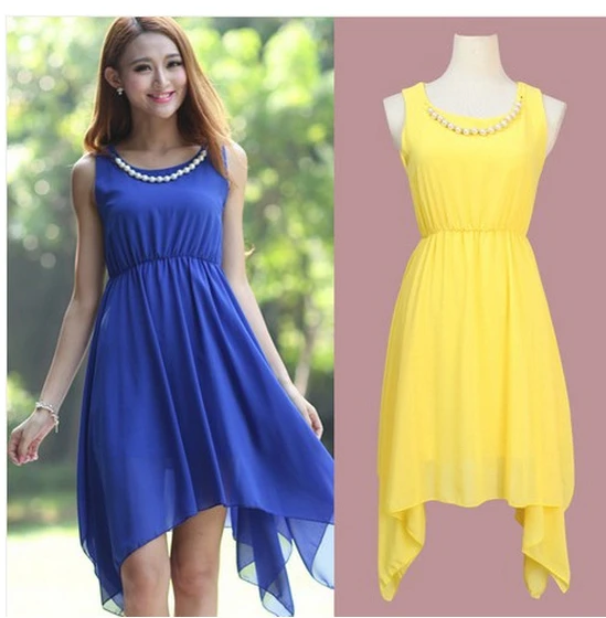 Günstige 2019 frühling und Sommer frauen Asymmetrische chiffon kleid mit halskette plus größe S XXXL sexy perlen mädchen kleid, gelb kleid