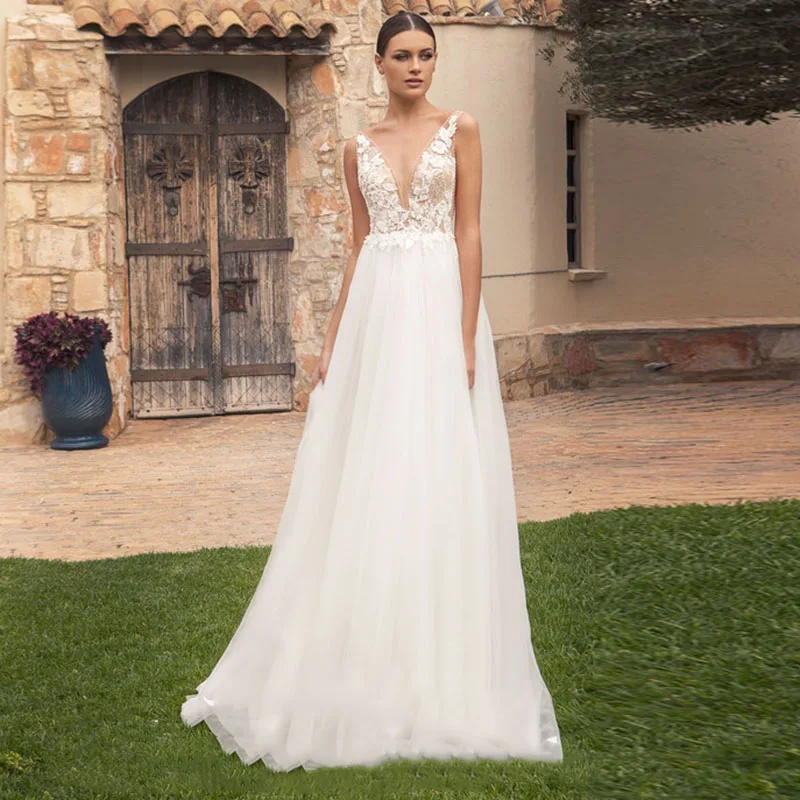 

Eightale Boho Wedding Dress Lace Appliques V-Neck Backless Simple A-Line vestidos de noiva Tulle Bridal Dress Wedding Gowns