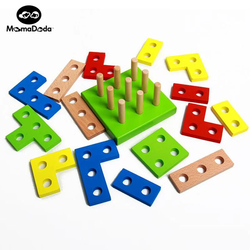 

16Pcs Tetris Wooden Montessori Materials Math Educational Geometry Assembling Building Block For Kids Color Shape Cognitive Toy