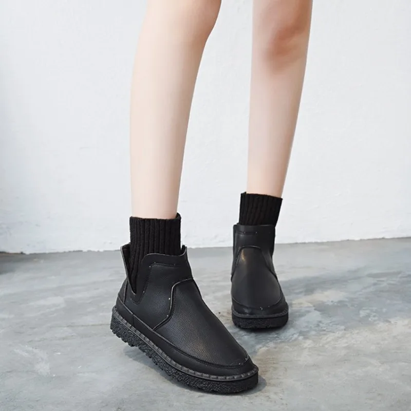 COOTELILI Women Ankle Boots Slip-On Fashion Shoes Woman PU Leather Flats Shoes Autumn Winter Knitted Socks Ladies Boots 35-40 (2)