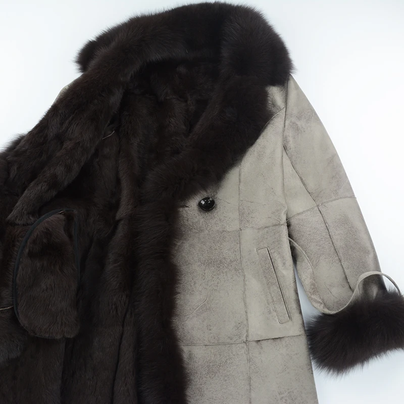 rf0232 Real Fur Shearling Coat Women Real Fox Fur Collar Natural Rabbit Fur Shearling Outwear