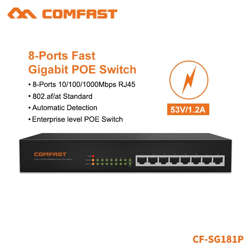 

COMFAST 8 Ports Gigabit POE Switch Network Switch With 16Gbps Broad Width 8*10/100/1000Mbps POE Power Supply RJ45 Port CF-SG181P
