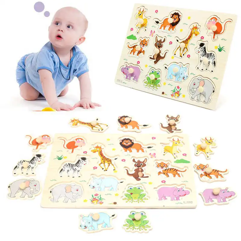 

Cartoon Cute Wooden Toy Animal Tiger Giraffe Jigsaw Hand Puzzles Children Kids Baby Early Study Education Gift Children Toy