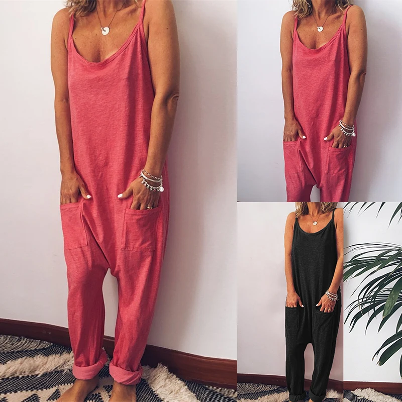 2019 New Fashion Women Jumpsuit Women's Casual Loose Strappy Bib Overalls Woman Summer Backless Pocket Trousers Rompers Playsuit