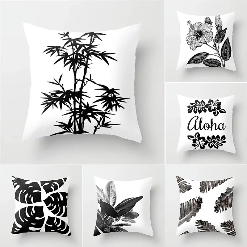 

Palm Leaves Throw Pillow Case Black White Geometric Pattern Home Decor Soft Summer Tropical Jungle Plant Cushion Cover