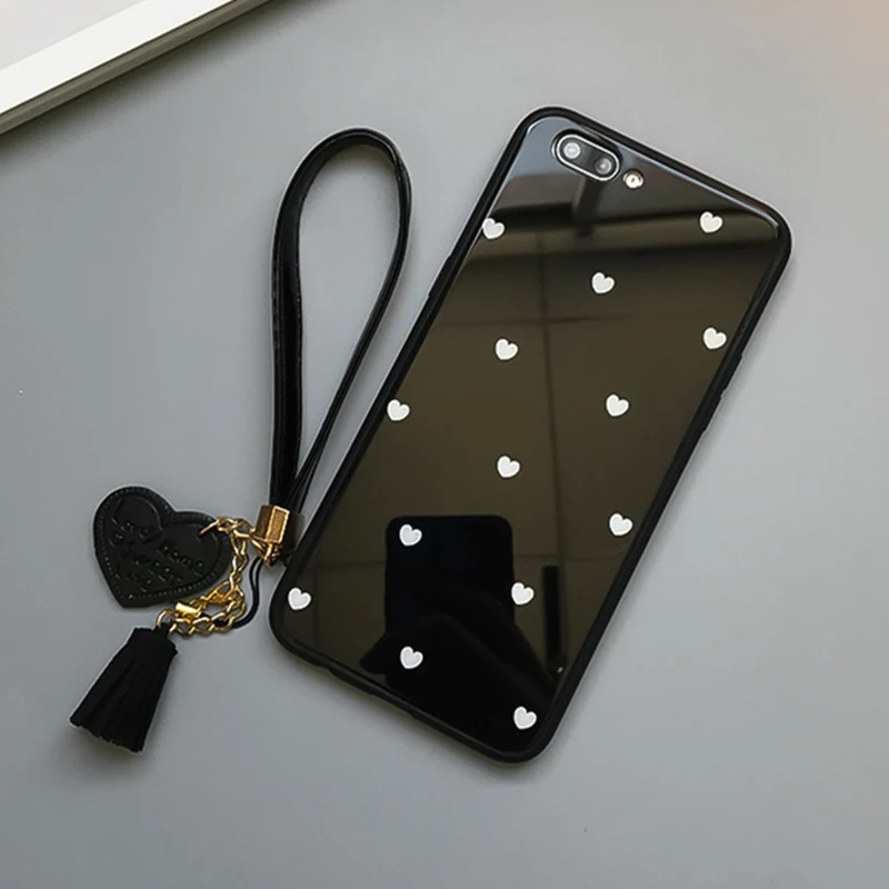 BONVAN чехлы на айфон X XR XS Max 7 case закаленное стекло Жесткий Сердце Любовь кисточкой ремешок крышка чехол на iPhone 6 6S 7 8 плюс чехлы для телефонов - Цвет: BLACK