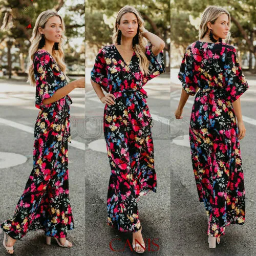 Image Women s Summer Boho Floral Short Sleeve Long Maxi Dress Party Beach Sundress USA