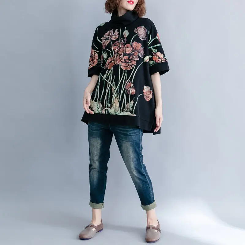  BIG SIZE 4XL Spring Autumn Women Vintage Elegant Flower Print Tops Ladies Female Plus Large Turtlen