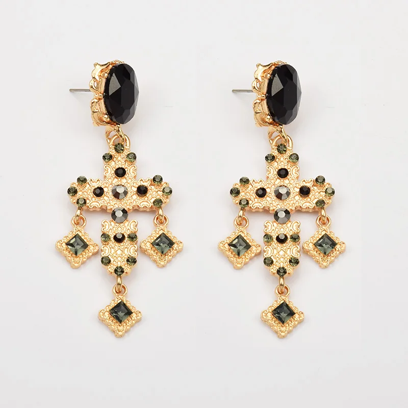 

Vintage Baroque Metal Cross Earrings Hot Sale Statement Crystal Drop Earrings Hanging Dangle Pendientes Bijoux For Women