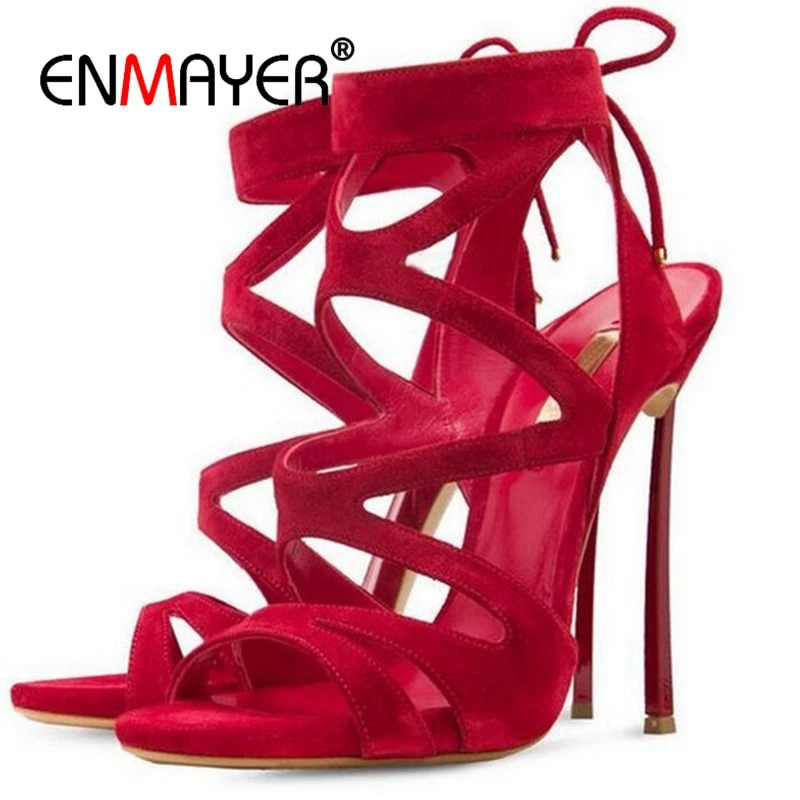 

ENMAYER Lace-Up Casual High Heels Sandals Women Sandalia Feminina Zapatos De Mujer Open Toe Heels Size 34-43 ZYL2510