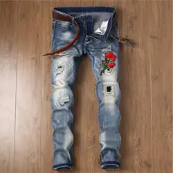 High Street стиль для мужчин эластичные голубые джинсы вышивка узкие джинсы демисезонный ковбойские мотобрюки длинные джинсы