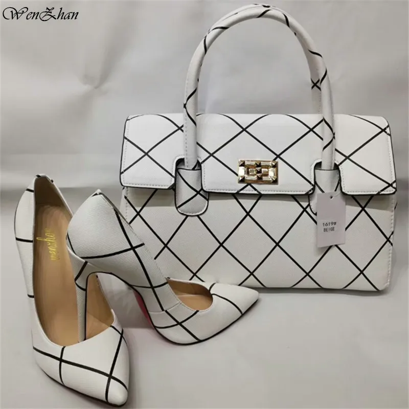Latest High Heel Shoes With Matching Bag WENZHAN Shining Leather heel pointed toe women shoes With Pretty HandBags A91-1