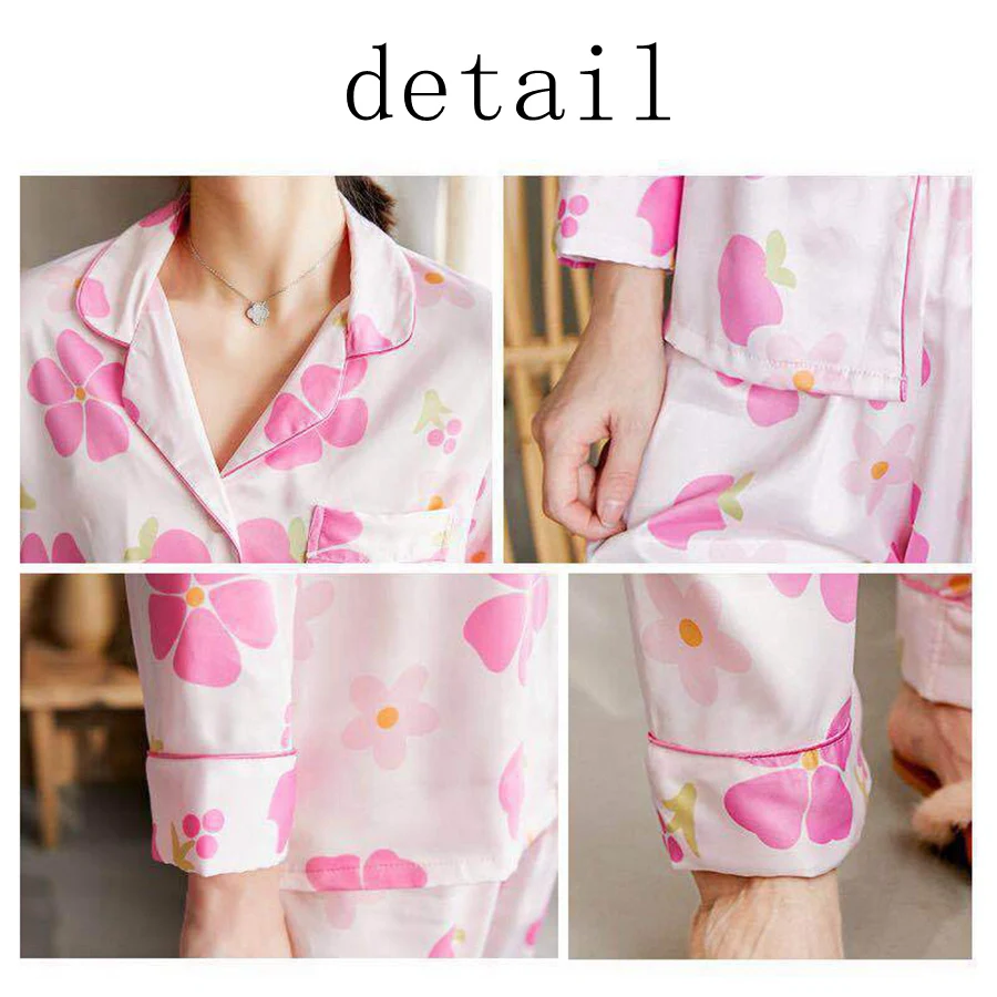 Pink Printed Pajama Set for Femme Silk Pyjamas Long Pants Set Sleepwear Women homewear suit Ladies Satin lady lingerie
