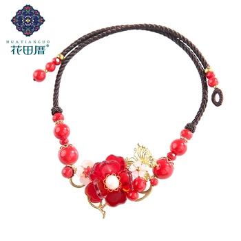 

Ethnic Handmade Red flower Chokers Necklace Shell Flower Rope Chain pearl J ad e Vintage chokers Necklace for Women DL-18086
