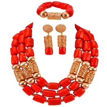 

Genuine Orange Coral Necklace Jewelry Set for Brides Nigerian Wedding African Coral Beads Jewelry Set Gold Dubai RCBS08