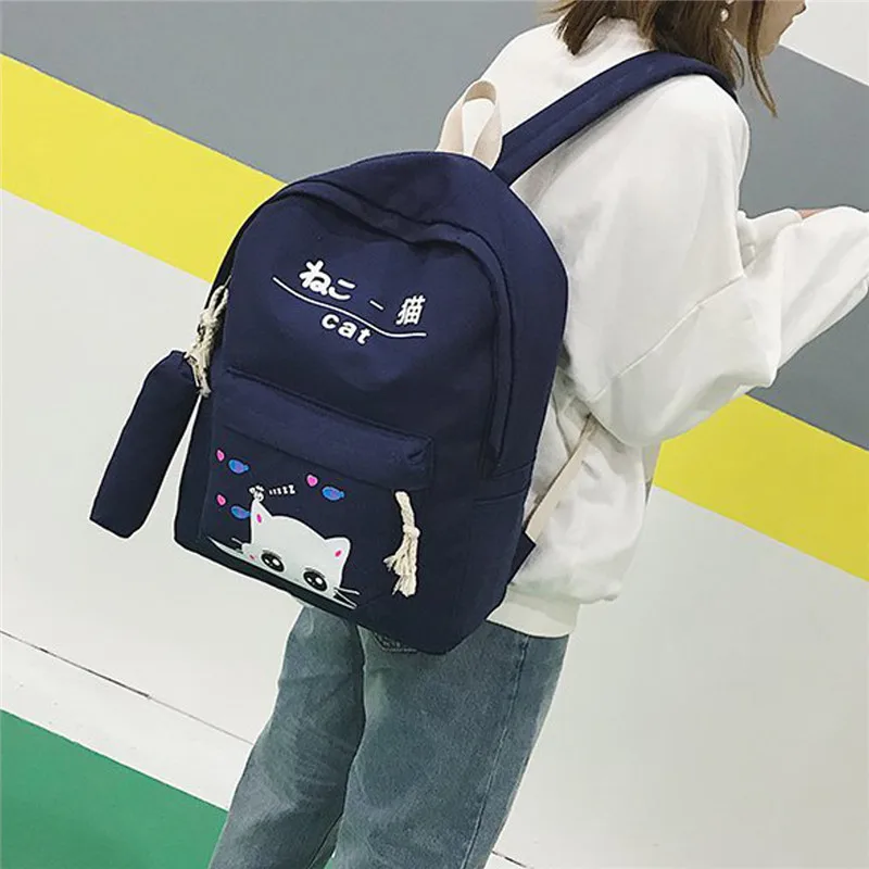 5Pcs//set Women Teenage Backpack Student School Bags Rucksack Girls Canvas Cat