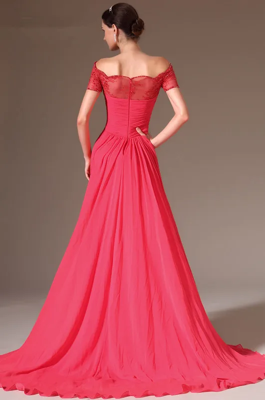 New-Red-Lace-Boat-Neckline-Cap-Sleeves-Court-Train-Evening-Gowns-Evening-dress