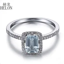 HELON 7x5mm Emerald Cut Aquamarine Pave Natural Diamonds Ring Solid 10K White Gold Women’s Engagement Wedding Gemstones Jewelry