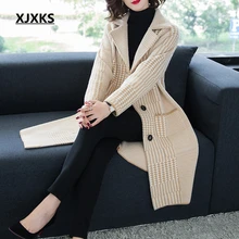 XJXKS, теплая свободная зимняя одежда, Женское шерстяное пальто, маленький клетчатый отложной воротник, удобные кнопки, фирменный дизайн, женские пальто