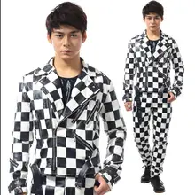 Черно-белая кожаная мотоциклетная мужская куртка jaquetas de couro chaqueta hombre для певиц, танцовщиц, сценическая уличная куртка и брюки