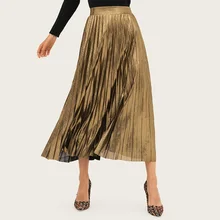 Весна Лето плиссированная длинная юбка для женщин сплошной цвет размера плюс высокая талия большой подол полиэстер Золото Блокировка пляжные юбки Femme
