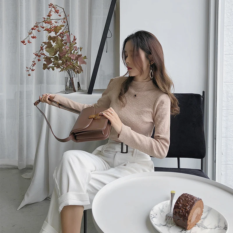 Tanie 2019 MISHOW jesienno zimowa mała wysoka kołnierz dziergany dół koszula kobiety slim fit długim rękawem sweter topy MX18D3417