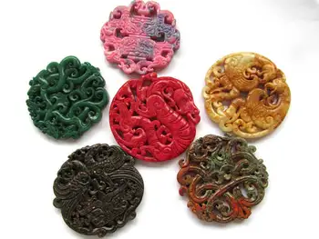 

6pcs Brown Old Jade Ancient Jade Pendant Rare Animals Round Disc Carved turquois blue jewelry pendant 3inch
