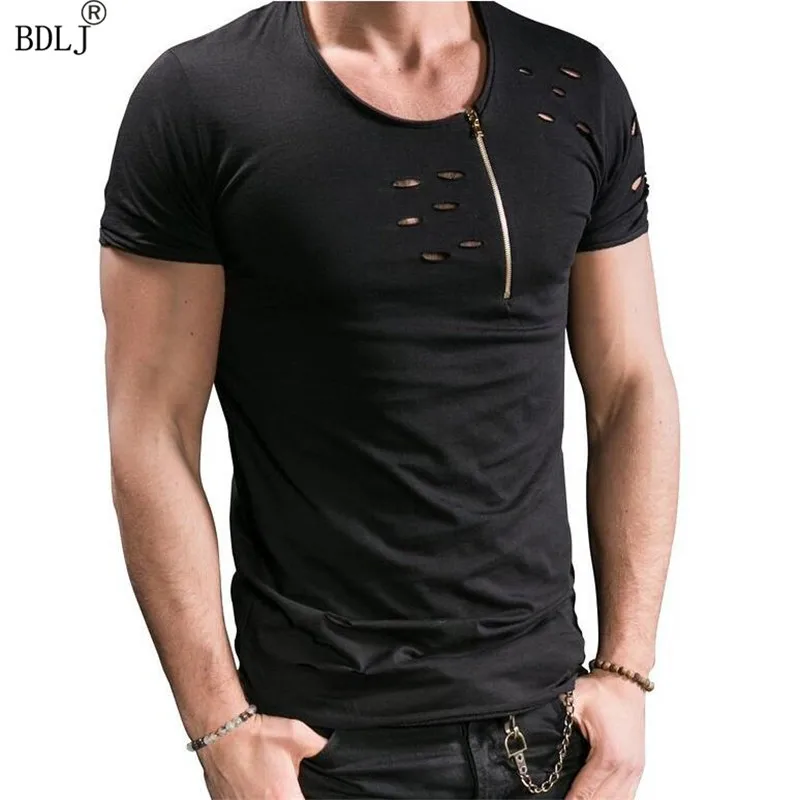 

BDLJ 2017 New Round Neck Men's Europe and the United States men's Short Sleeve T-shirt Zipper Hole Men t shirt Free Shipping