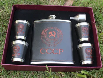 

50sets/lot 7 Ounce CCCP Hip Flask Set Stainless Steel Whiskey Flask Set Out Door Water Bottle Family Set Gift