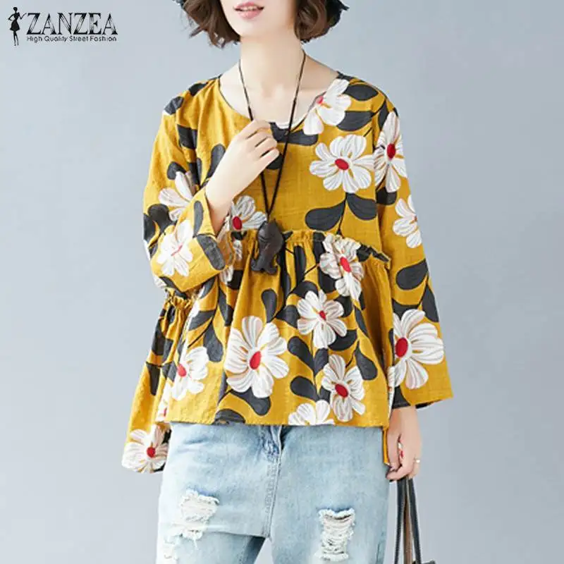 

S 5XL ZANZEA Printed Tunic Tops 2019 Women Long Sleeve Shirts Autumn Casual O Neck Vintage Party Blouse Female Blusas Chemise