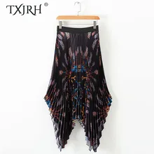 Txjrh Винтаж пояс с цепочкой и кисточками принт синяя ассиметричная юбка высокая эластичная талия ретро женская Средняя длинная качели плиссированная стандартная юбка