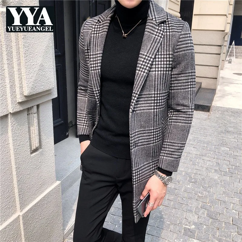 

Winter Men Long Wool Coat Classic Plaid Woolen Blends Overcoat Single Breasted Office Work Man Slim Fit Trench Coats Sobretudo