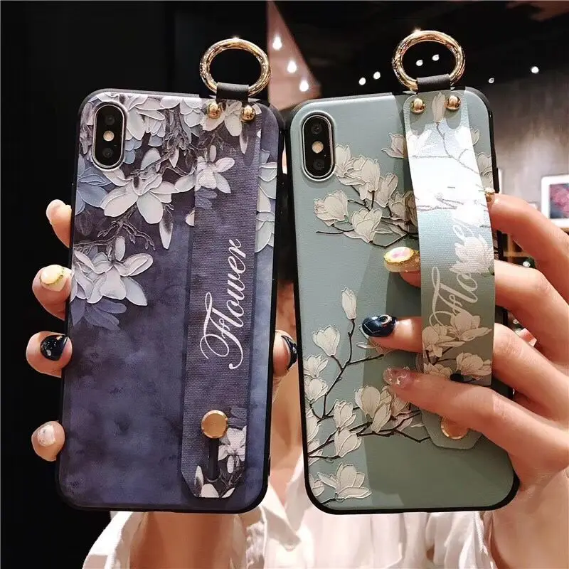 

LOVECOM Retro Flower Case For iPhone XR 7 X XS Max Case Wrist Strap Holder Cover For iPhone 6S 7 8 Plus Full Body Soft TPU Shell
