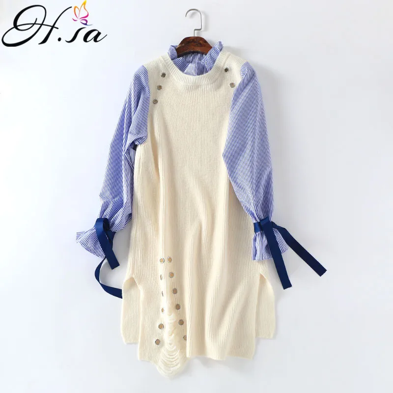 

H.SA 2018 Spring New Women Casual Sweater Dress Fake 2 pcs Pullover Jumpers Flare Sleeve Bow Knit Sweater pullovers female