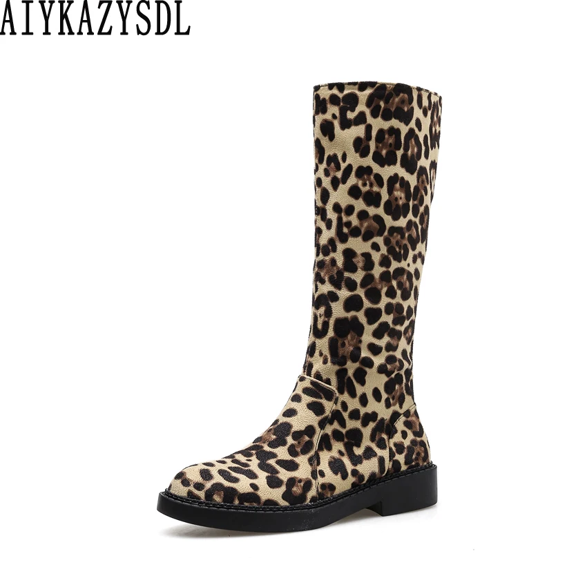 

AIYKAZYSDL Women Autumn Winter Boots Plush Faux Fur Mid Claf Boots Riding Knight Boots Leopard Print Warm Snow Boots Shoes Flats