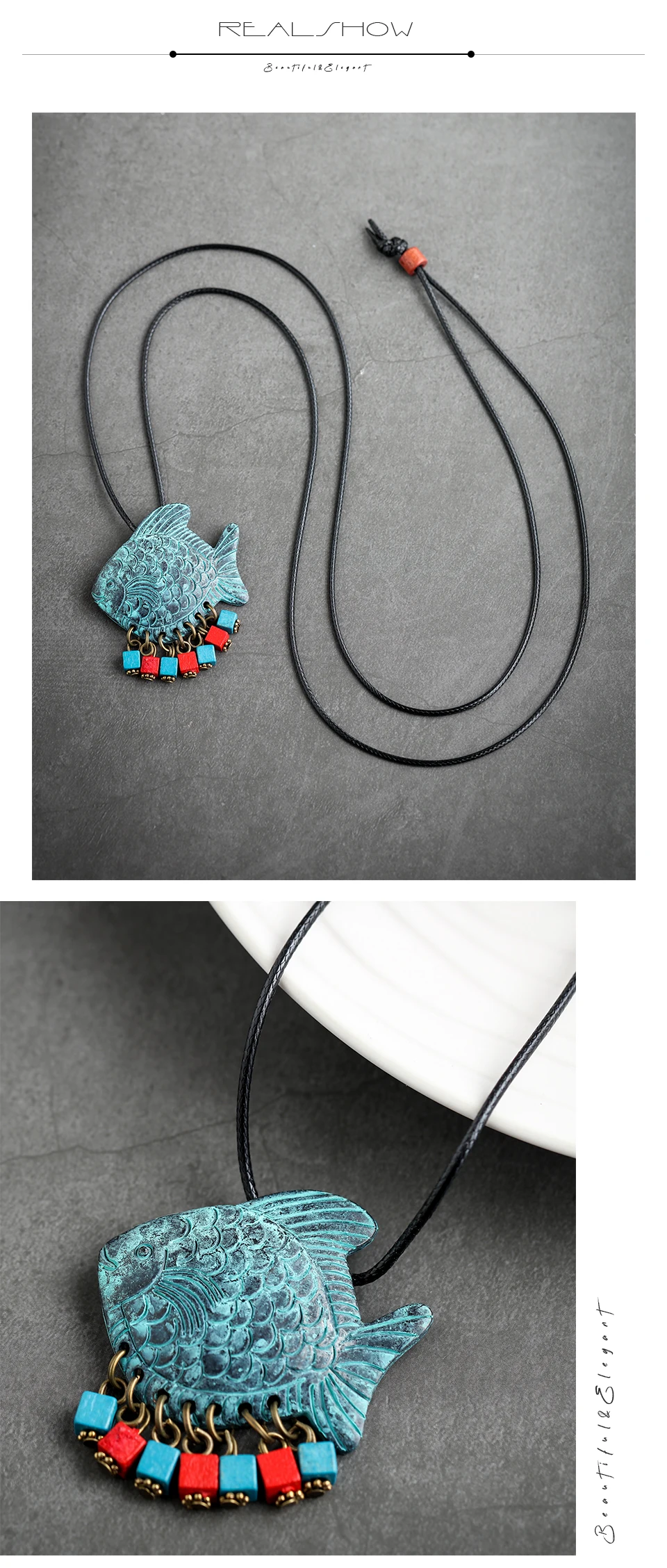 Голубое винтажное дизайнерское ожерелье с подвеской в виде рыбы для женщин и мужчин, ювелирные изделия в стиле ретро, регулируемое ожерелье с кожаной веревкой, ювелирные изделия
