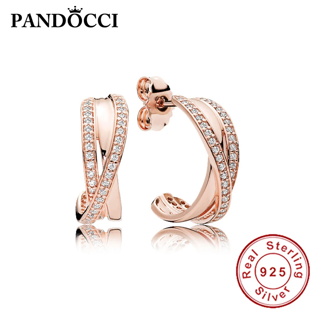 

PANDOCCI 100% 925 Sterling Silver 1:1 2280730CZ ROSE ENTWINED EARRING HOOPS Ear Studs Vintage Original Wedding Jewelry Who